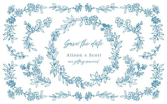 Hand-Painted Boho Botanical Line art Frame Set with Doodle-Style Wildflowers, Berries, and Leaves for Wedding Invitations and Greeting Cards. Vector file.