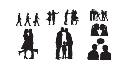 Obraz premium Romantic couples and groups of people silhouettes expressing love and social interaction.