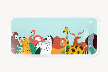 Obraz premium Cute animal cartoon, wildlife illustration sticker, rectangle clipart with white border