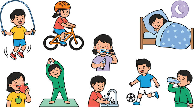 Cute cartoon children vector collection showing healthy daily routine activities like exercise sports sleeping eating and washing hands