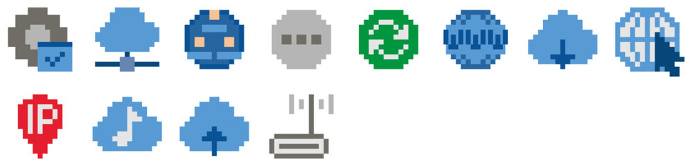 Fototapeta premium Set of Network icons: cloud, web, internet, website, connection, online, technology, upload, data, sync, group, wireless, storage. Vector icon collection.