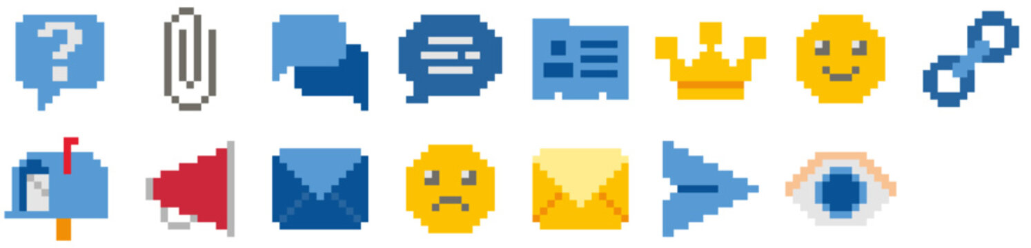 Set of Messaging icons. Sad face, emoji, emoticon, happy, message, crown, speech bubble, chat, communication, link. Vector icon collection.