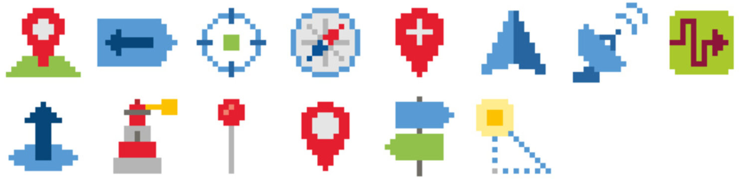 Set of Navigation icons including gps, location, map, pin marker, direction, position, arrow, place, point, area, geo, sun, angle. Vector icon collection.