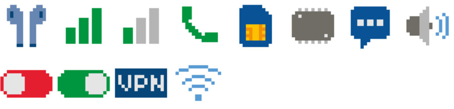 Set of Mobile icons. Network, wireless, toggle, bar, connection, slider, phone, wifi, switch, off, internet, technology, sound, speech bubble. Vector icon collection.