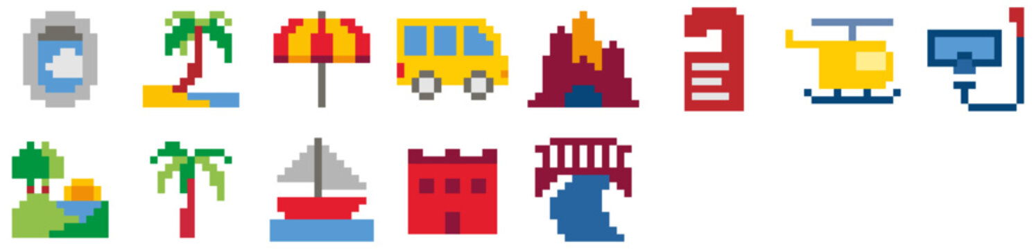 Set of Travel icons. Nature, tree, tourism, tropical, palm, summer, beach, bus, landscape. Vector icon collection.