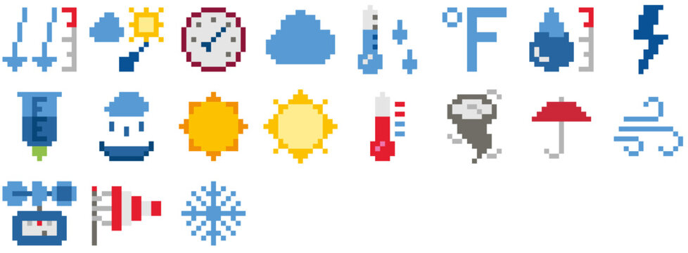 Set of Weather icons: sun, climate, wind, forecast, pressure, meteorology, air, storm, rain, gauge, measurement, atmospheric, atmosphere, measure. Vector icon collection.