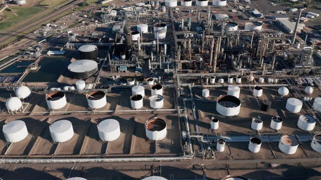 Aerial view of oil refinery with storage tanks and industrial infrastructure 