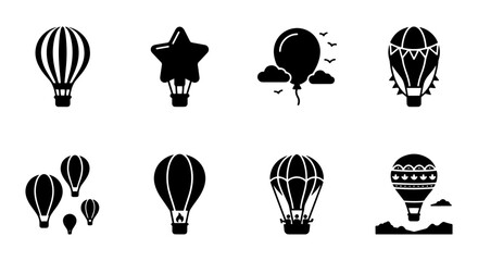 Hot Air Balloon Icons Set, Vector Graphics, Diverse Designs, Celebration & Travel Themes © soto