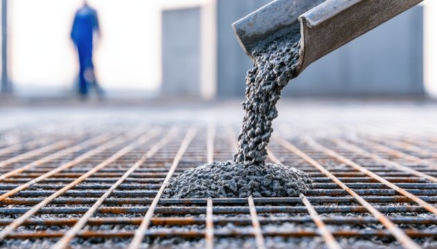 Wet concrete pours from chute onto metal rebar grid for foundation