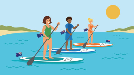 Obraz premium Diverse Group Paddle Boarding on Sunny Australian Coastline Illustration