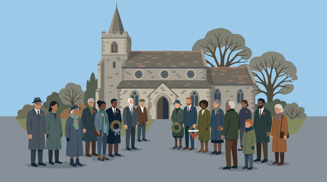 Diverse Group Standing in Front of an Old Church for a Memorial Service