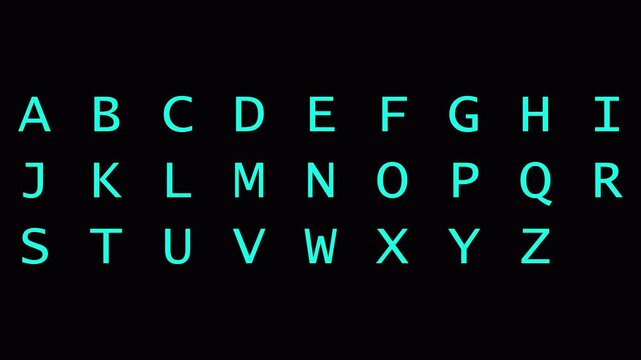 Alphabet text animation from a to z on transparent background, neon glowing alphabet fire sign animated text from A to Z with alpha channel in 4k.