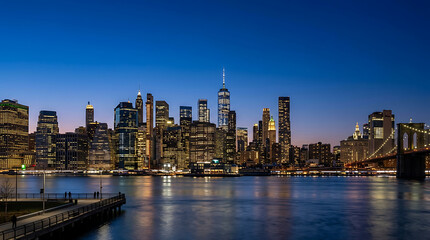 Obraz premium Panoramic view of the illuminated New York City skyline at dusk, with the Brooklyn Bridge and reflections on the water.