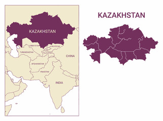 Fototapeta premium Kazakhstan Political Map and Location in Central Asia with Administrative Borders
