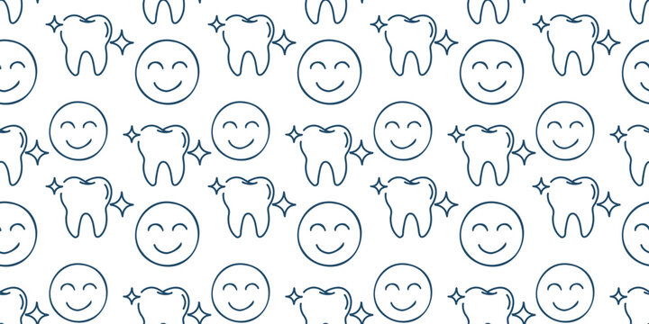 seamless pattern with smiling faces and tooth icons on white background vector illustration