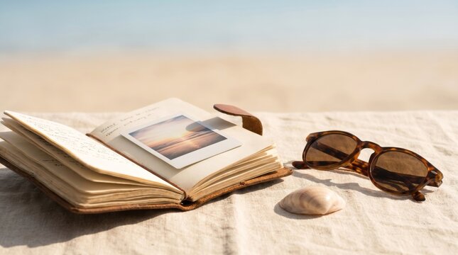 Summer reading on the beach with an open notebook, photograph, sunglasses, and seashell