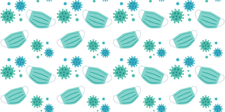 seamless pattern with viruses and protective face masks on white background vector illustration