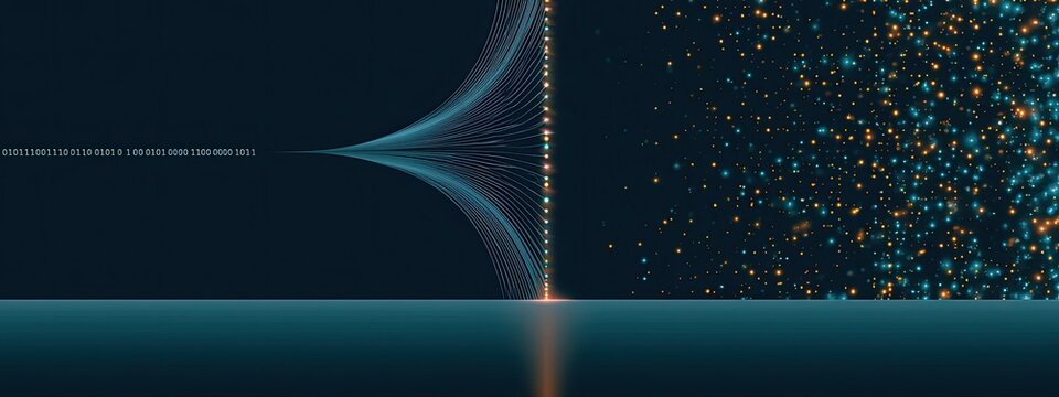 Flowing lines condense into particles, creating a vibrant, abstract digital cascade