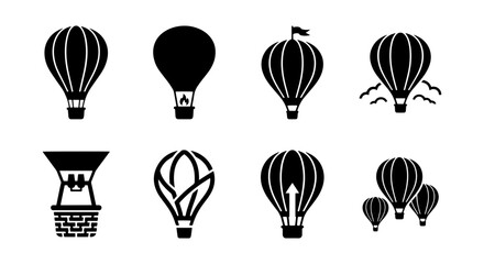 Hot Air Balloon Icons Set, Black and White Vector Graphics for Travel and Adventure Themes © rofiq