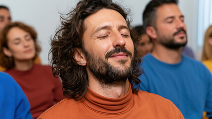 Fototapeta premium Group meditation session with diverse office team in calm workplace wellbeing practice