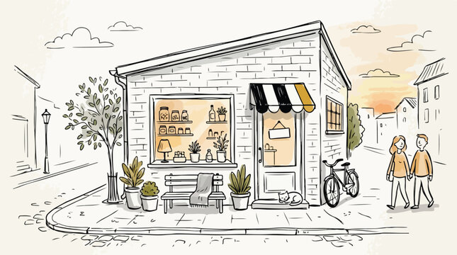Cozy brick shop on street corner vector illustration. Hand drawn watercolor local store exterior with couple. Cute town storefront doodle.