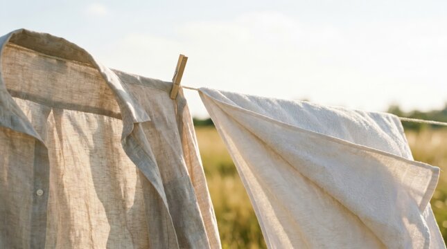 Natural linen clothes hanging on a clothesline outdoors in a sunny meadow representing eco-friendly living and sustainable fashion concepts
