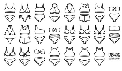 Fototapeta premium Fashion Bikini Swimsuit Outline Vector Illustration Bundle for Beachwear Apparel Boutique Clothing and Summer Design Projects