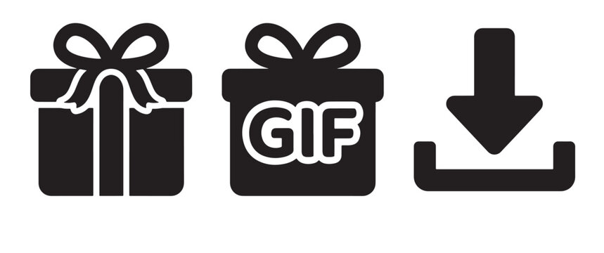 Three black featuring a gift box with a bow, a gift box labeled with gif text, and a download arrow symbol on a white background, for web interface