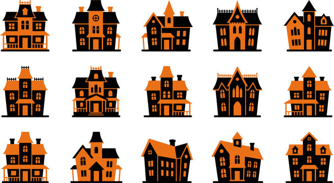 Set of fifteen different spooky haunted house illustrations for halloween design elements on a white background