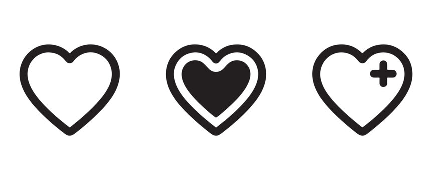 Three black line featuring a simple heart outline, a heart with an inner shape, and a heart with a plus sign for adding to favorites