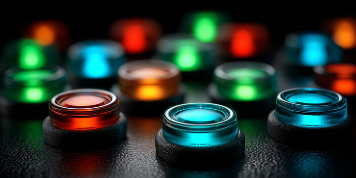Close up of illuminated control buttons for quantum computing devices reflecting scientific breakthroughs in technology