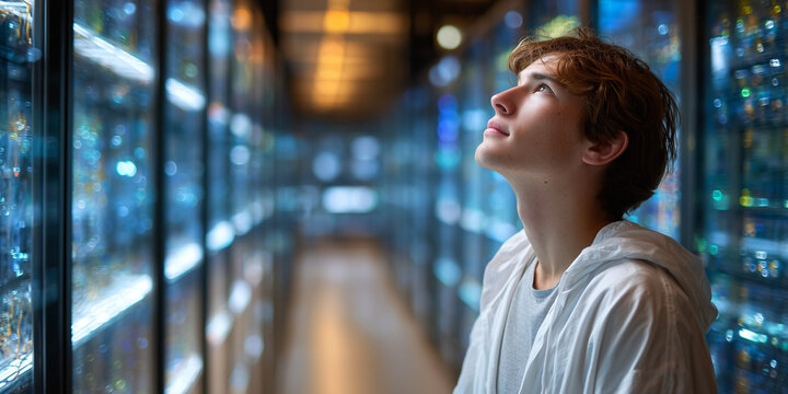 Young man contemplating quantum computing innovations in a modern data center symbolizing scientific breakthroughs and technological advancements