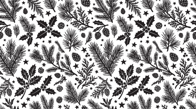Seamless winter holiday pattern with hand drawn pine branches holly leaves and cones in black and white ink style