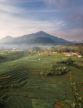 Mountain Landscape at Sunrise with Morning Mist and Golden Light