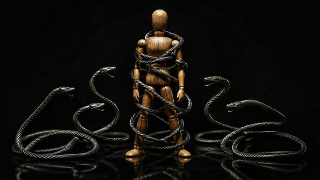 Wooden mannequin entangled by metal snakes, symbol of fear, anxiety and being trapped by problems
