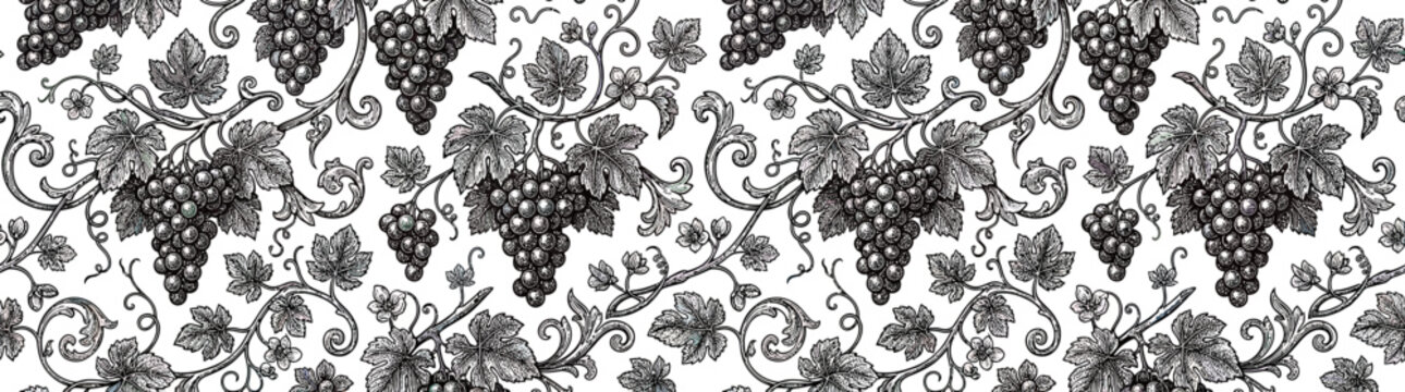 Vintage Grapevine Pattern Seamless Black and White Sketch