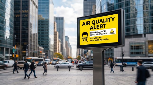 Digital billboard displaying air quality alert on busy city street