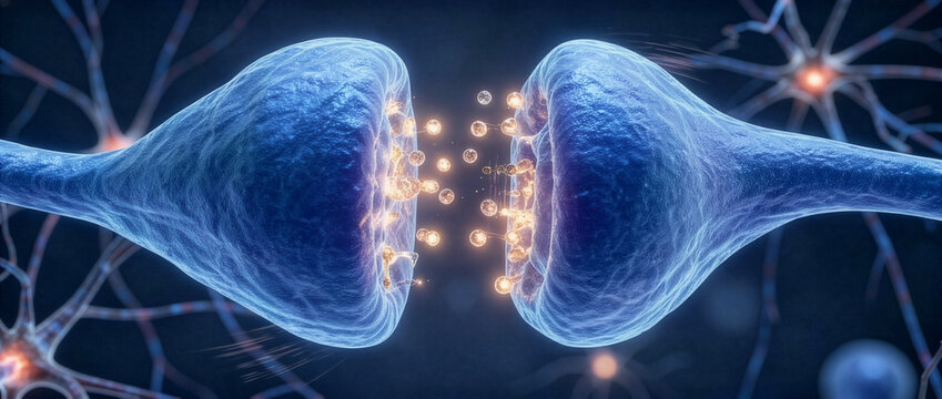 3D Render of Synaptic Transmission with Glowing Neurotransmitters Passing Between Axon Terminals in Neural Network