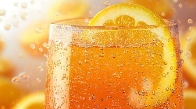 Refreshing orange beverage with citrus slice and bubbles in a glass close with close up glass filled bubbly orange drink garnished citrus orange juice