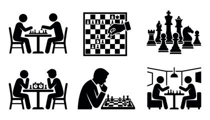 Set of chess icons, people playing chess, chess pieces and board © Bunny