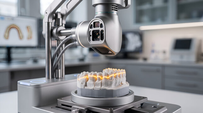 Automated Dental 3D Scanning Laser Camera Tool Head over White Tooth Matrix Model