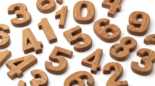 Assorted wooden numbers scattered across a plain white background for educational counting math concepts and creative craft