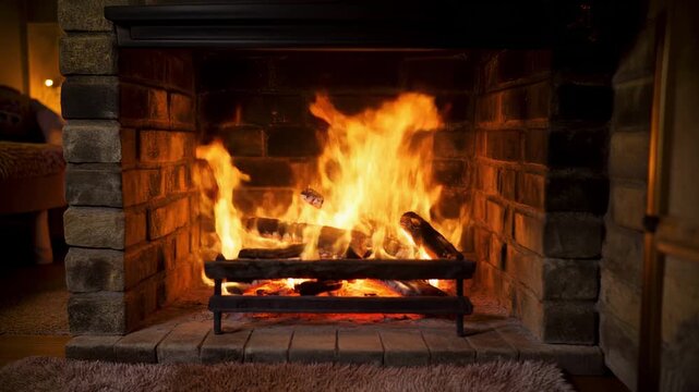 Intense fire burning in rustic wooden fireplace with glowing embers
