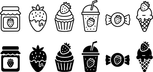 Icon On Strawberry dessert icon set, 12 vector line and silhouette icons of berry jam, cupcake, milkshake and ice cream, sweet food symbols ,Clean grouped each Icon © vectorzking