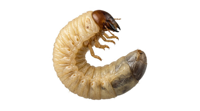 A single white beetle larva grub insect with a brown head isolated on transparent background