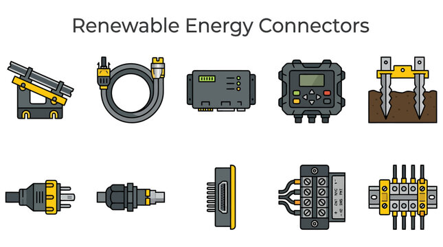 A graphic chart of ten renewable energy electrical components and hardware
