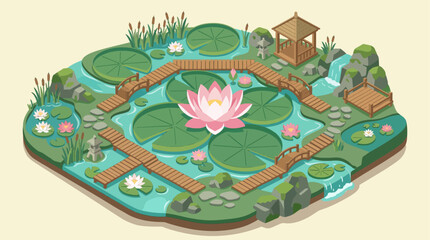 Naklejka premium Isometric Serene Japanese Garden Illustration with Pond, Blooming Lotus Flowers, and Elegant Wooden Bridges