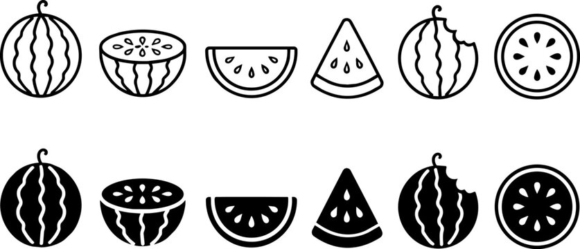 Icon On Minimalist watermelon icon set, black outline and solid fruit silhouettes, 12 vector elements of whole and sliced watermelon for summer food branding ,Clean grouped each Icon