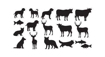 Fototapeta premium Set of domestic and wild animals silhouettes isolated on white background vector.