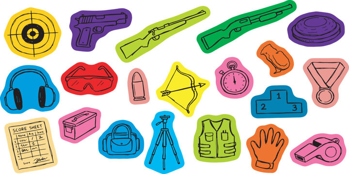 Collection of colorful cartoon icons representing shooting sports and related equipment.